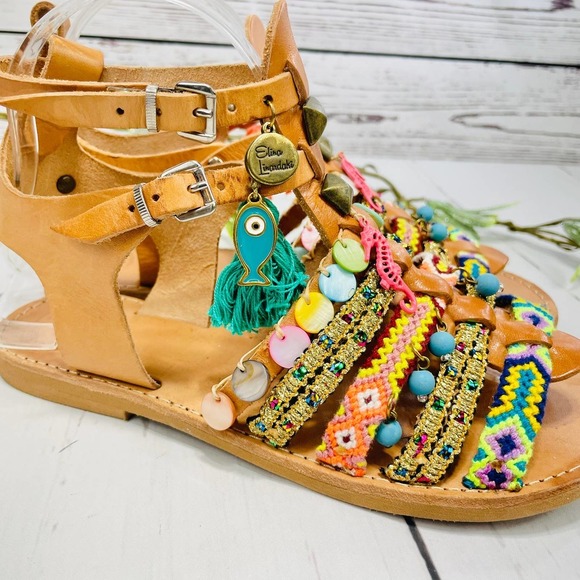 ELINA LINARDAKI Sandals - Beige  Ankle Strap Charm Flat Sandals - Picture 4 of 12